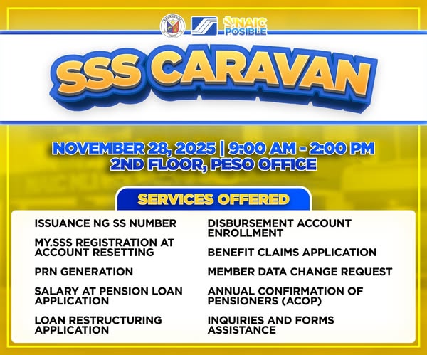 Poster: SSS Caravan, Nobyembre 28, 2025, 9:00 AM-2:00 PM, 2nd Floor PESO Office, Naic, may listahan ng serbisyo