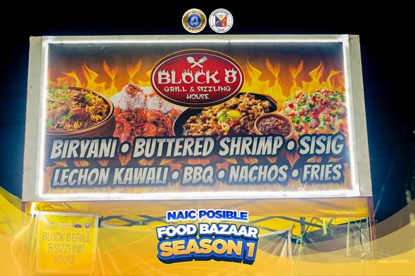Poster: Block 8 Grill & Sizzling House, menu ng biryani, buttered shrimp, sisig at lechon kawali sa Naic Posible Food Bazaar