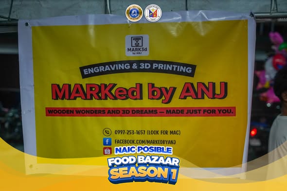 Poster: MARKed by ANJ, engraving at 3D printing, may contact na 0997-253-1657, Naic Posible Food Bazaar