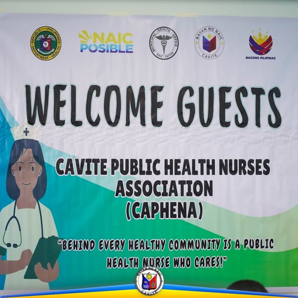 Poster: Welcome Guests, Cavite Public Health Nurses Association (CAPHENA), may ilustrasyon ng nars at logo ng MHO Naic