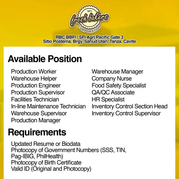 Poster: Fresh Bakers Corporation, mga bakanteng posisyon at requirements, Brgy. Sahud Ulan, Tanza, Cavite