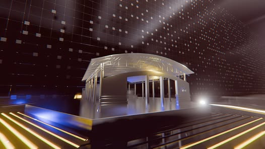 Disenyo ng entablado para sa Rock & Music Festival 2025 sa Naic Town Plaza, may ilaw at gintong linya sa sahig