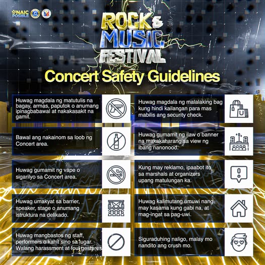 Poster: Concert Safety Guidelines para sa Rock & Music Festival, Naic, may mga bawal at paalala sa concert area
