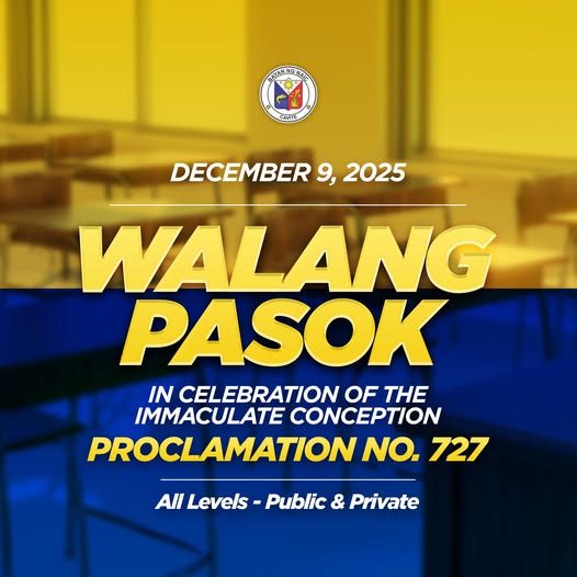 Poster: Walang Pasok, Disyembre 9, 2025, Proclamation No. 727, lahat ng antas sa public at private schools, Naic