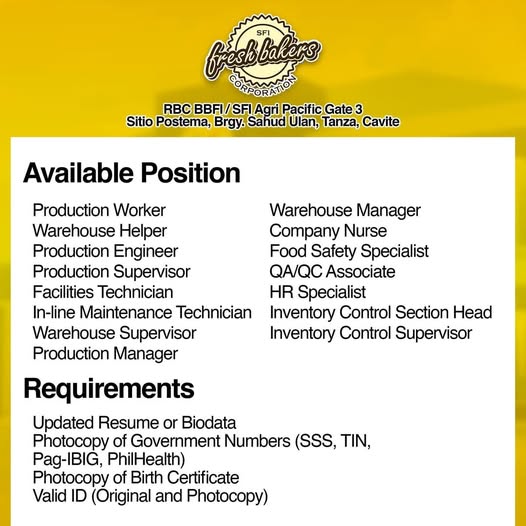 Poster: Available Position sa Fresh Bakers Corporation, RBC BBFI / SFI Agri Pacific Gate 3, Tanza, Cavite