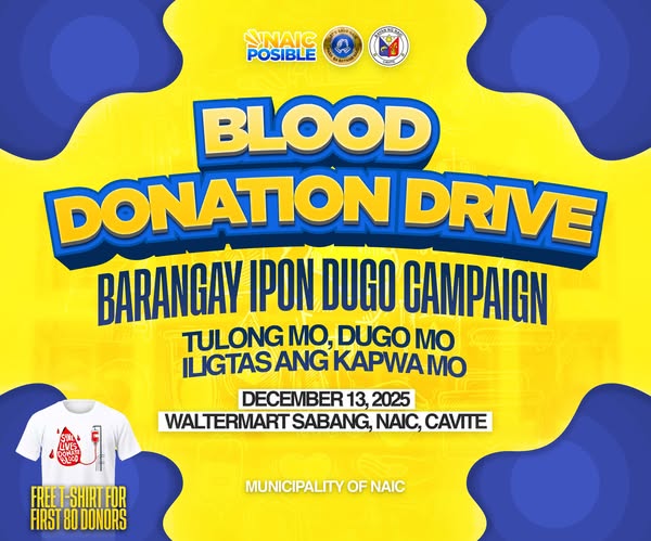 Poster: Blood Donation Drive, Barangay Ipon Dugo Campaign, Disyembre 13, 2025, Waltermart Sabang, Naic, Cavite