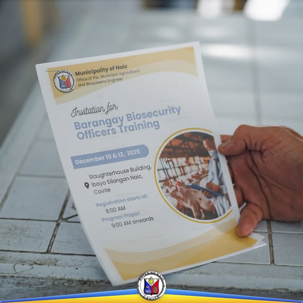 Poster: Imbitasyon sa Barangay Biosecurity Officers Training, Disyembre 10 at 12, 2025, Slaughterhouse Building, Ibayo…