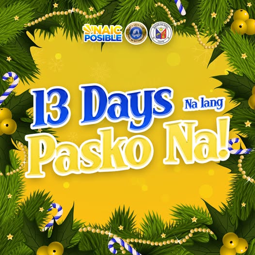 Poster: 13 Days Na lang Pasko Na! may pine branches at candy cane na dekorasyon, logo ng Naic Posible sa itaas