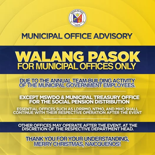 Poster: Walang Pasok para sa municipal offices dahil sa annual team-building activity, Disyembre 19, 2025, Naic