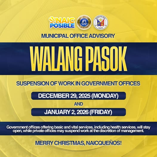 Poster: Walang Pasok, suspensyon ng pasok sa tanggapan ng gobyerno, Disyembre 29, 2025 at Enero 2, 2026, Naic