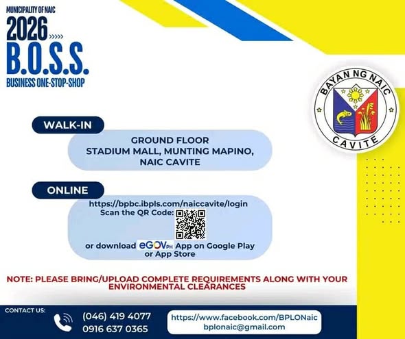 Poster: BOSS 2026 Naic, Ground Floor Stadium Mall, Munting Mapino, may online at walk-in na proseso ng business permit