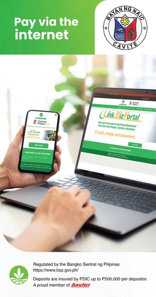 Poster: Pay via the internet, Link.Biz Portal ng Landbank, may logo ng Bayan ng Naic