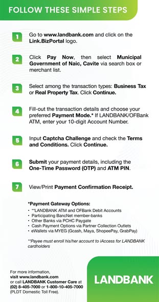 Infographic: Mga hakbang sa pagbabayad ng amilyar sa LANDBANK Link.BizPortal, Municipal Government of Naic, Cavite