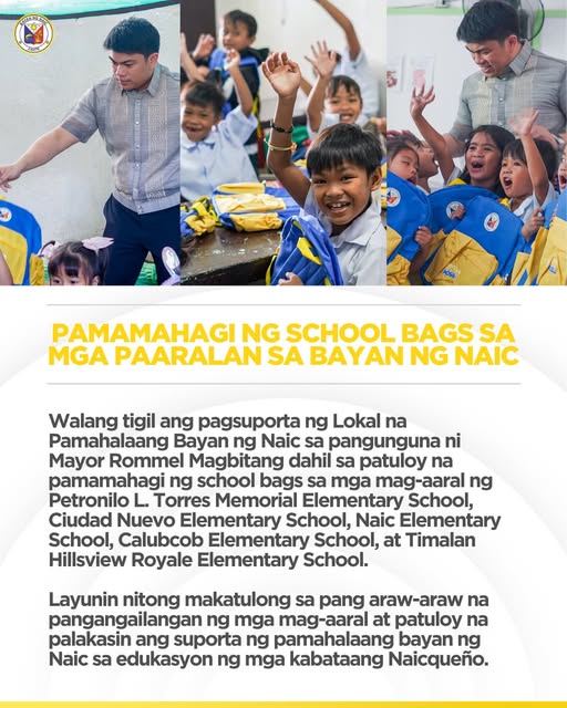 Poster: Pamamahagi ng school bags sa mga paaralan sa bayan ng Naic, may larawan ng mga mag-aaral na tumatanggap ng bag