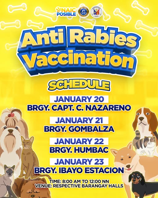 Poster: Anti-Rabies Vaccination para sa alagang hayop, Enero 20-23, 2026, 8:00 AM-12:00 NN, sa mga barangay hall