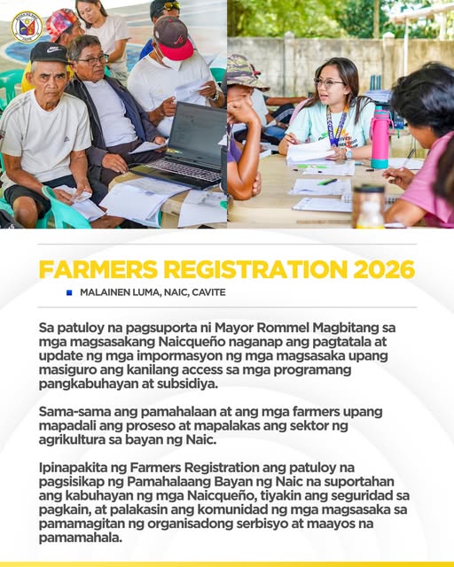 Poster: Farmers Registration 2026, Malainen Luma, Naic, Cavite. Mga magsasaka habang nagpapatala sa laptop