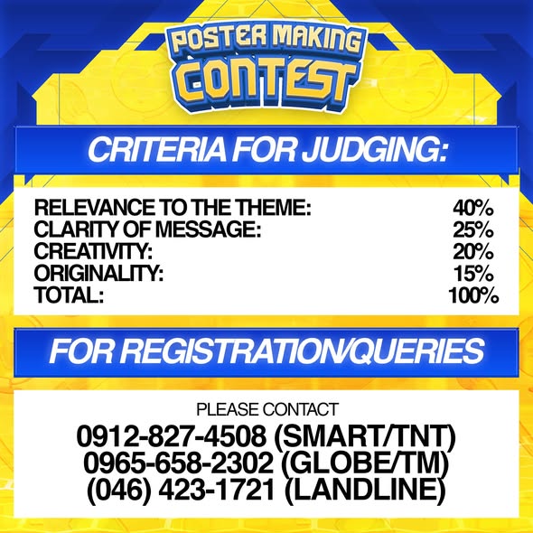 Poster: Poster Making Contest, pamantayan sa paghusga at mga numero ng contact para sa rehistrasyon
