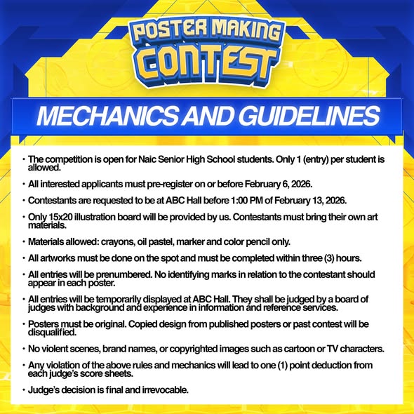 Poster: Poster Making Contest, mga patakaran at gabay, ABC Hall, Naic, Pebrero 13, 2026