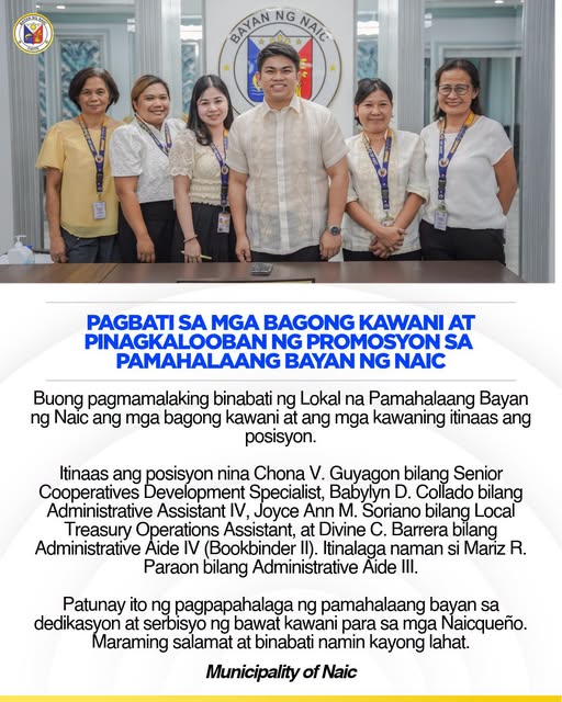 Poster: Pagbati sa mga bagong kawani at na-promote sa Pamahalaang Bayan ng Naic, may larawan ng anim na kawani sa opisina