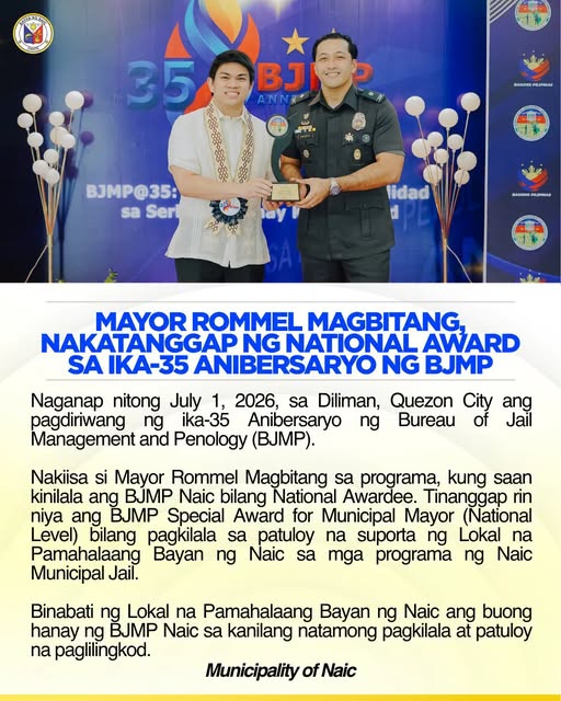 Poster: Mayor Rommel Magbitang, nakatanggap ng National Award sa ika-35 Anibersaryo ng BJMP, Hulyo 1, 2026, Diliman, QC