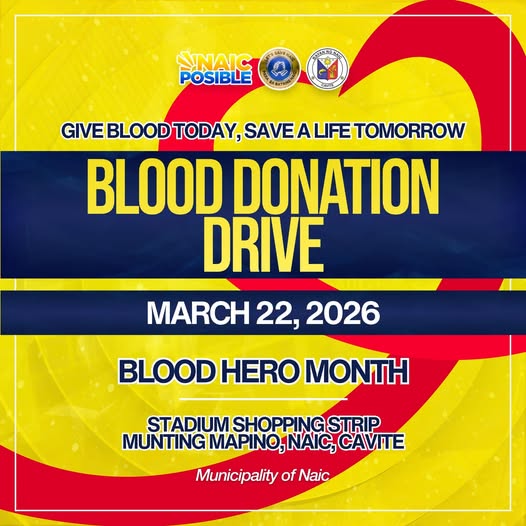 Poster: Blood Donation Drive, Marso 22, 2026, Stadium Shopping Strip, Munting Mapino, Naic, Cavite