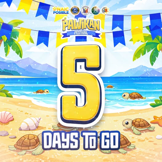 Poster: 5 Days to Go sa Pawikan Festival, Naic, Cavite, may mga pawikan at dagat sa background