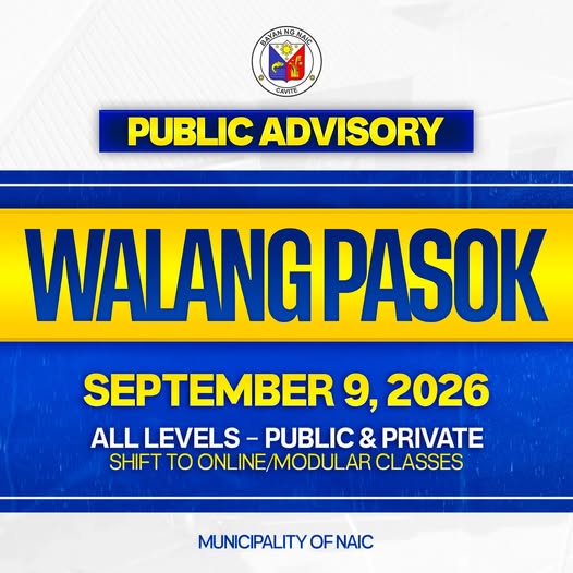 Poster: Public Advisory, WALANG PASOK, Setyembre 9, 2026, lahat ng antas, Municipality of Naic