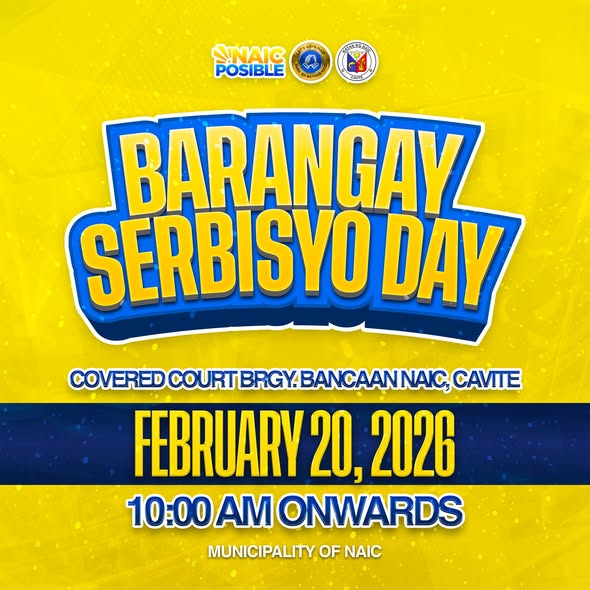 Poster: Barangay Serbisyo Day, Pebrero 20, 2026, 10:00 AM, Covered Court Brgy. Bancaan, Naic, Cavite