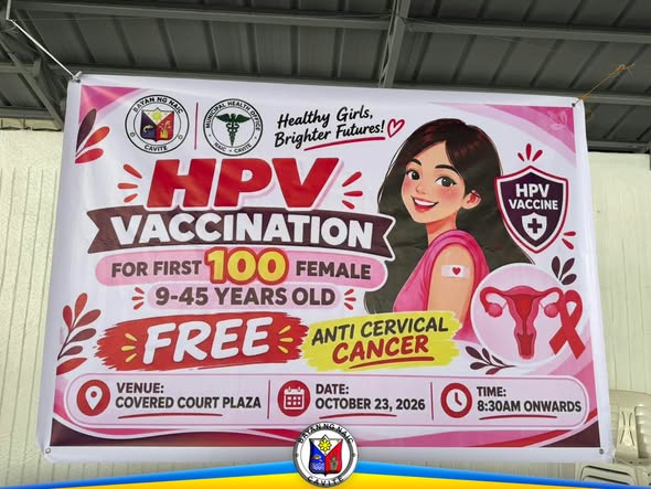 Poster: Libreng HPV Vaccination para sa unang 100 babae, Oktubre 23, 2026, Covered Court Plaza, Naic