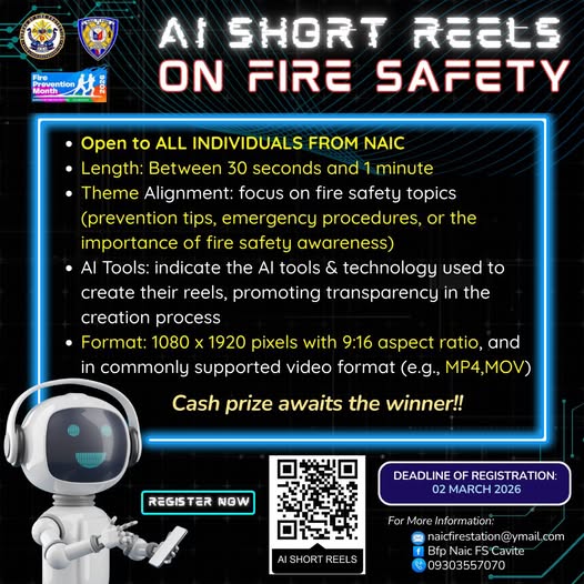 Poster: AI Short Reels on Fire Safety, bukas para sa lahat ng Naic, deadline ng registration Marso 2, 2026