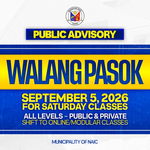 Poster: Walang Pasok sa Setyembre 5, 2026 para sa Saturday classes, lahat ng antas, Munisipyo ng Naic