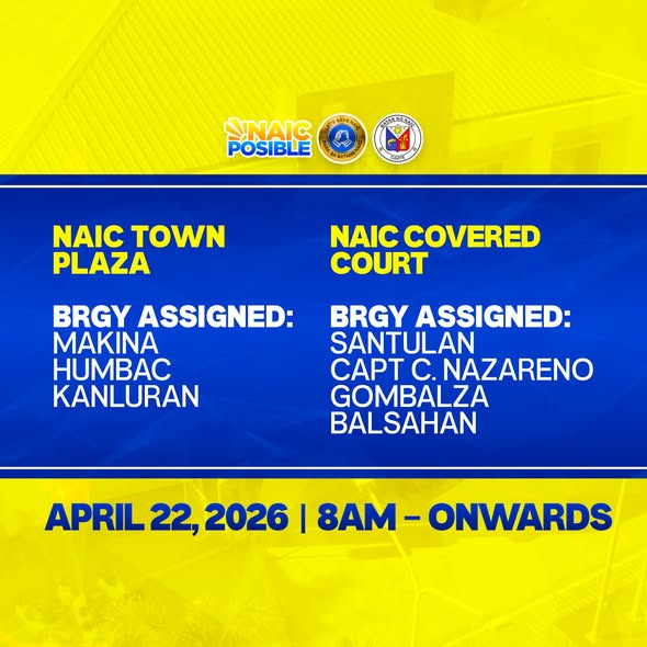 Poster: Payout schedule, Abril 22, 2026, 8AM onwards, Naic Town Plaza at Naic Covered Court, may nakatalagang barangay