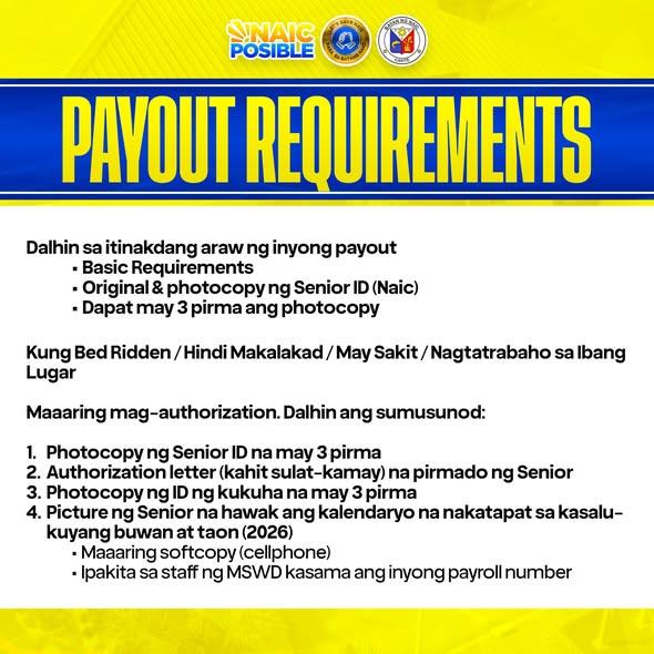 Poster: Payout Requirements, mga kinakailangan sa Naic POSIBLE payout para sa mga senior citizen