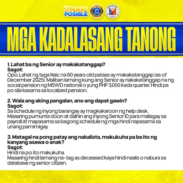 Poster: Mga Kadalasang Tanong tungkol sa Social Pension ng mga Senior Citizen sa Naic, Cavite