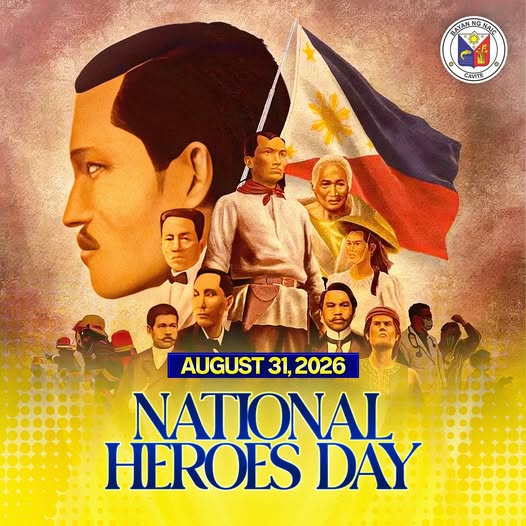 Poster: National Heroes Day, Agosto 31, 2026, may mga larawan ng mga bayani at watawat ng Pilipinas