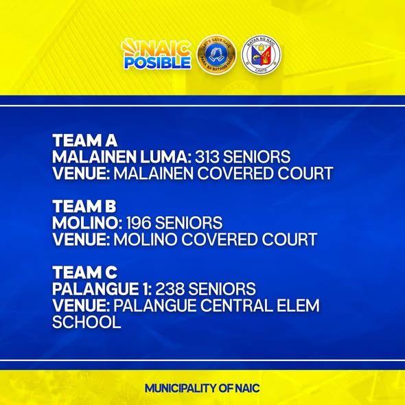 Infographic: Iskedyul ng Localized Social Pension, Team A hanggang C, mga venue sa Malainen, Molino at Palangue, Naic