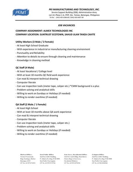 Dokumento: PKIMT job vacancies para sa ALMEX Technologies Inc, Utility Workers, QC Staff at QA Staff, Suntrust Ecotown, Tanza