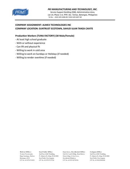 Dokumento: PKIMT company assignment para sa production workers, tuna factory, Sahud Ulan, Tanza, Cavite