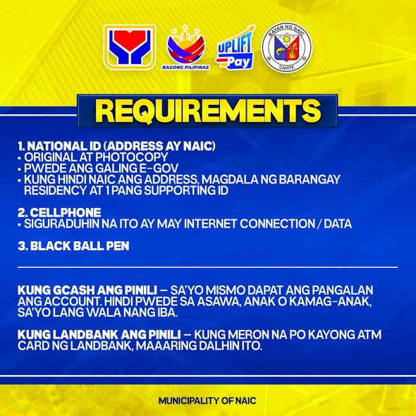 Poster: Mga Requirements sa UPLIFT Payout, Naic: National ID, cellphone na may internet, at black ballpen