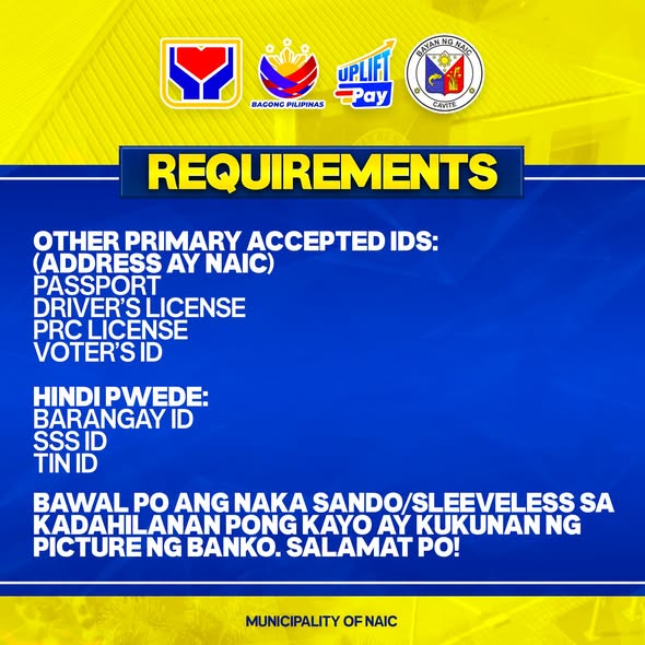 Poster: Requirements para sa UPLIFT payout, listahan ng accepted IDs at bawal na naka-sando sa Naic