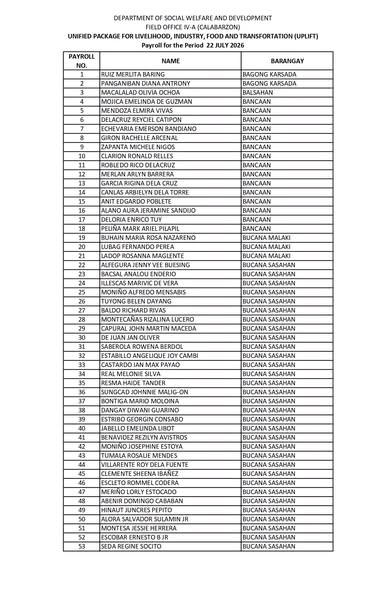 Payroll ng UPLIFT payout, Hulyo 22, 2026, Naic Town Plaza, para sa mga benepisyaryo ng Group 2 sa Naic