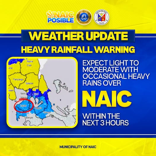 Poster: Heavy Rainfall Warning para sa Naic, Cavite, inaasahan sa loob ng 3 oras, may radar map ng Cavite