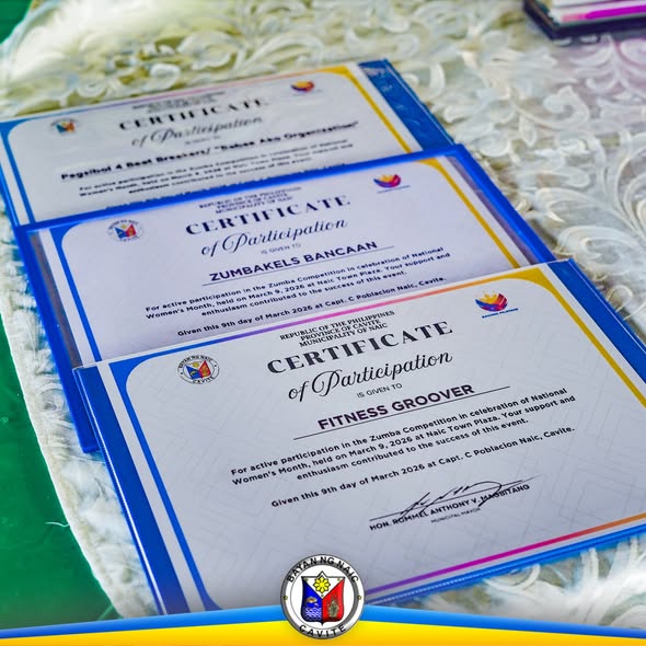 Mga certificate of participation sa Zumba Competition, Women's Month, Marso 9, 2026, Naic Town Plaza