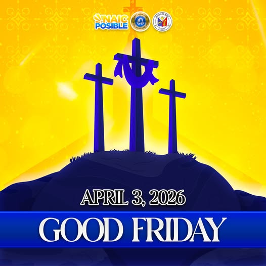 Poster: Good Friday, Abril 3, 2026, Bayan ng Naic, Cavite. Tatlong krus sa ibabaw ng burol na may dilaw na background.