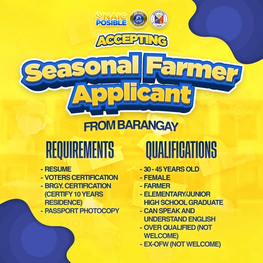 Poster: Accepting Seasonal Farmer Applicant mula sa barangay, may listahan ng requirements at qualifications
