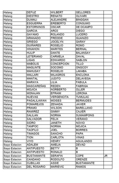 Dokumento: listahan ng mga pangalan ng senior citizen mula Halang at Ibayo Estacion para sa Social Pension validation