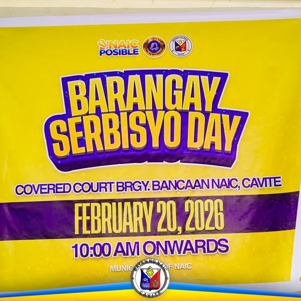 Poster: Barangay Serbisyo Day, Pebrero 20, 2026, 10:00 AM, Covered Court Brgy. Bancaan, Naic, Cavite