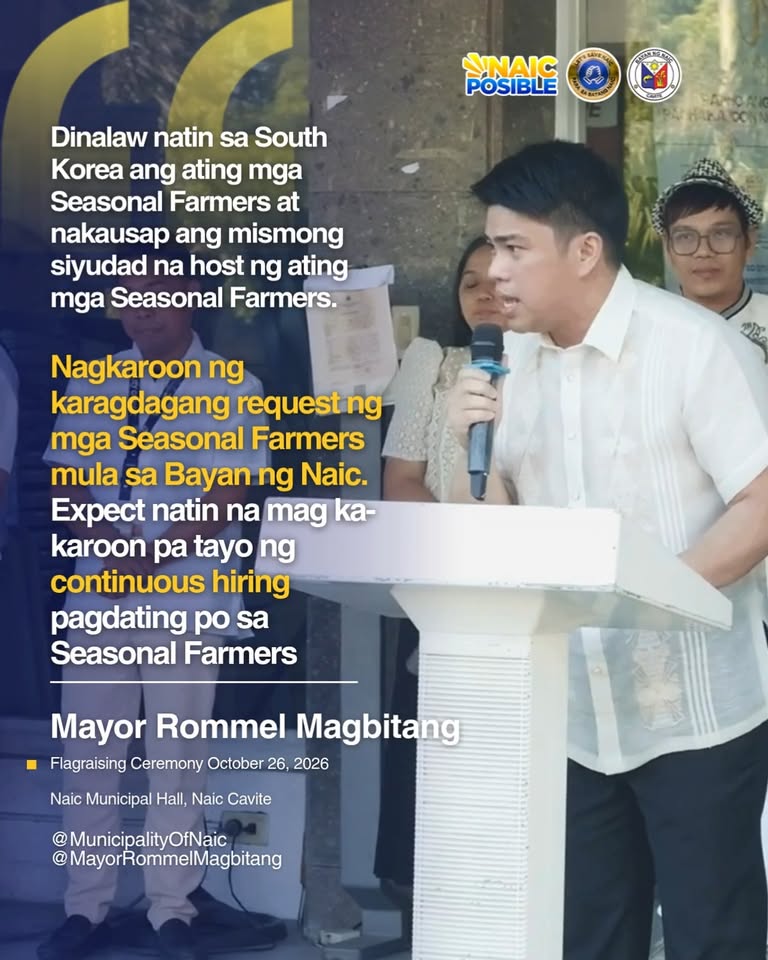 Poster: Mayor Rommel Magbitang sa Flag Raising Ceremony, Oktubre 26, 2026, Naic Municipal Hall, tungkol sa Seasonal Farmers