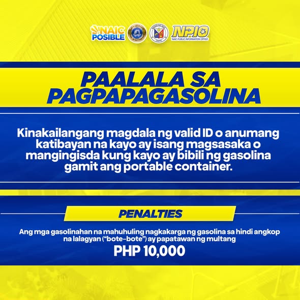 Poster: Paalala sa Pagpapagasolina, kailangan ng valid ID o katibayan para sa magsasaka at mangingisda, multang PHP 10,000
