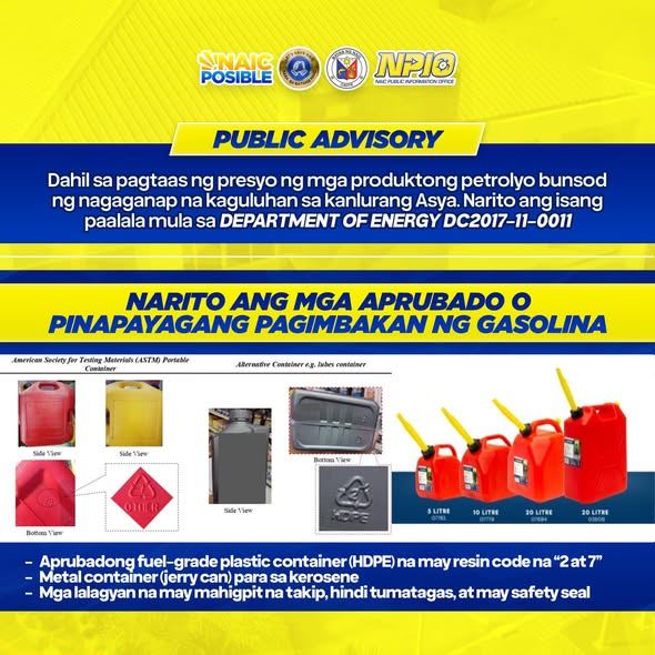 Poster: Public Advisory, mga aprubado o pinapayagang pagimbakan ng gasolina, Naic Public Information Office